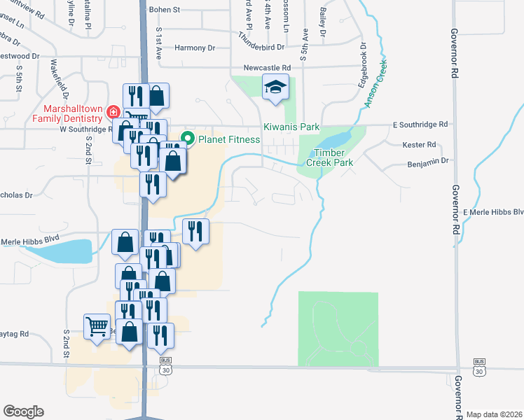 map of restaurants, bars, coffee shops, grocery stores, and more near 505 Springfield Drive in Marshalltown