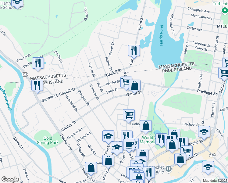 map of restaurants, bars, coffee shops, grocery stores, and more near 112 Farm Street in Woonsocket