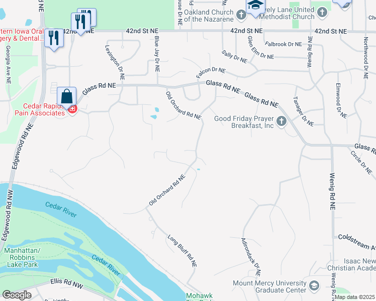 map of restaurants, bars, coffee shops, grocery stores, and more near 3495 Plum Grove Court Northeast in Cedar Rapids