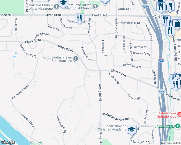 map of restaurants, bars, coffee shops, grocery stores, and more near 2461 Kilimanjaro Drive Northeast in Cedar Rapids