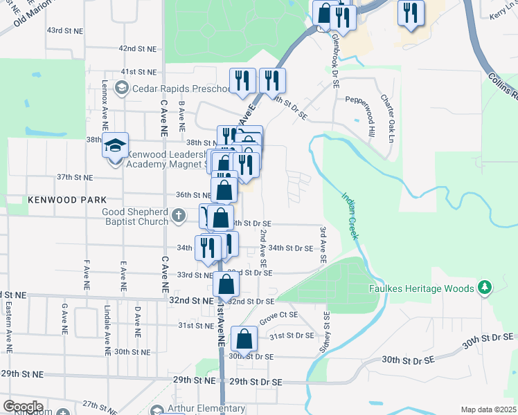 map of restaurants, bars, coffee shops, grocery stores, and more near 220 35th Street Drive Southeast in Cedar Rapids