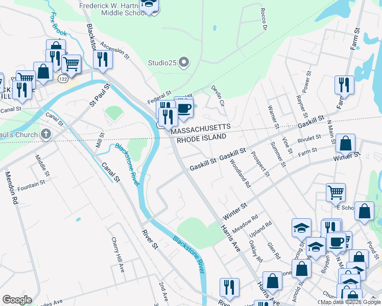 map of restaurants, bars, coffee shops, grocery stores, and more near 28 Gaskill Street in Woonsocket