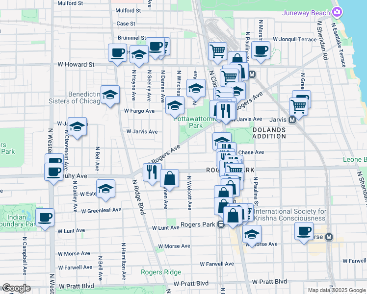 map of restaurants, bars, coffee shops, grocery stores, and more near 7231 North Wolcott Avenue in Chicago