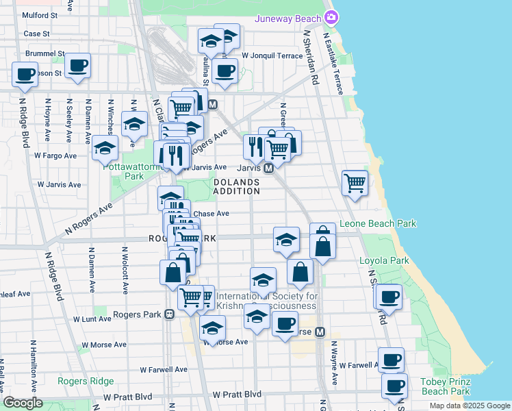 map of restaurants, bars, coffee shops, grocery stores, and more near 1601 West Chase Avenue in Chicago