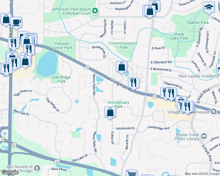 map of restaurants, bars, coffee shops, grocery stores, and more near 2 Regency Court in Streamwood