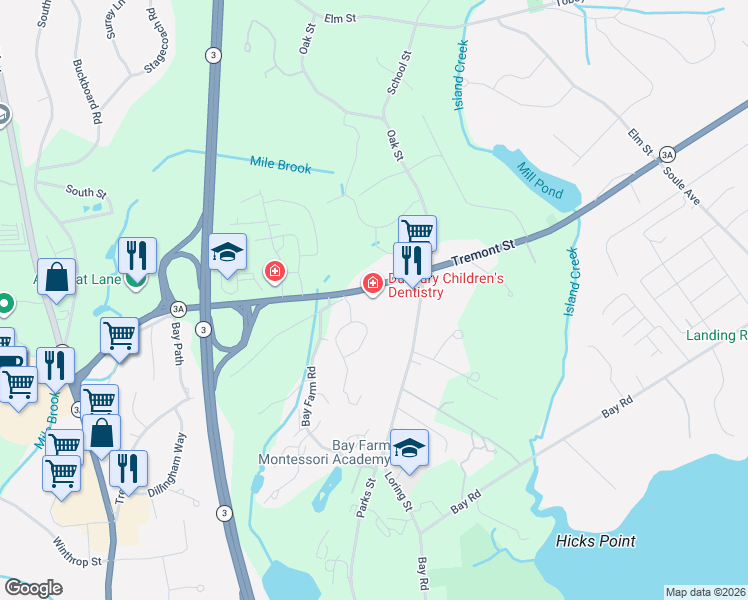 map of restaurants, bars, coffee shops, grocery stores, and more near 95 Tremont Street in Duxbury