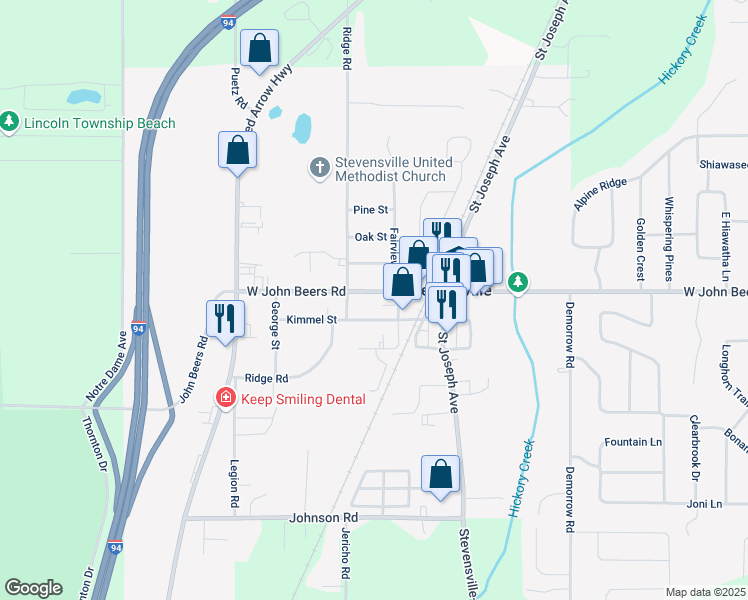 map of restaurants, bars, coffee shops, grocery stores, and more near 2883 Kimmel Street in Stevensville