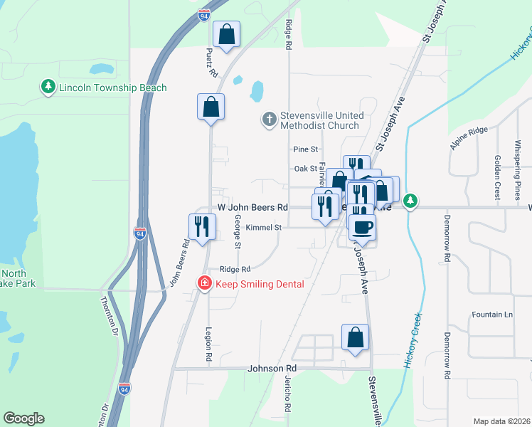 map of restaurants, bars, coffee shops, grocery stores, and more near 2914 Kimmel Street in Stevensville