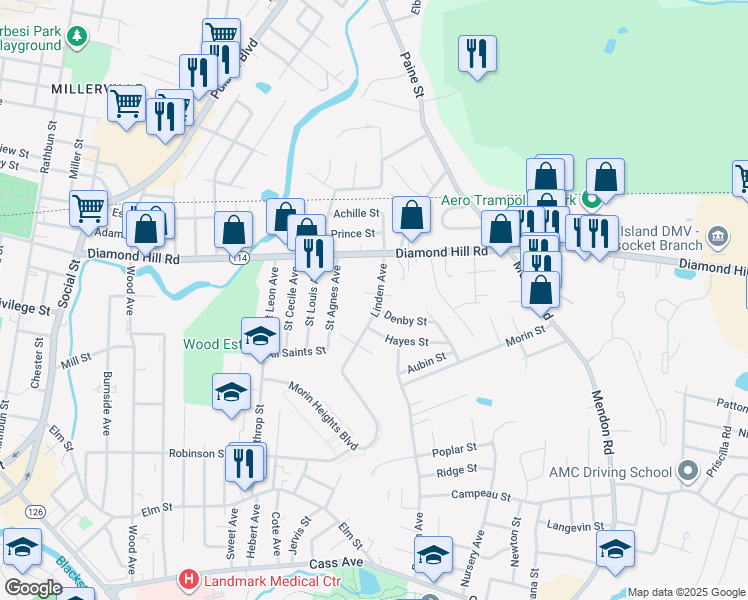 map of restaurants, bars, coffee shops, grocery stores, and more near 29 Denby Street in Woonsocket
