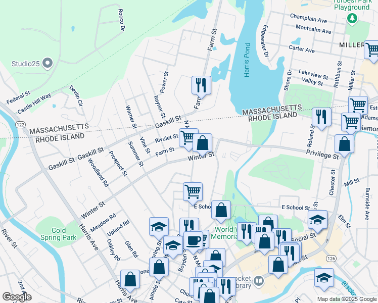 map of restaurants, bars, coffee shops, grocery stores, and more near 614 North Main Street in Woonsocket