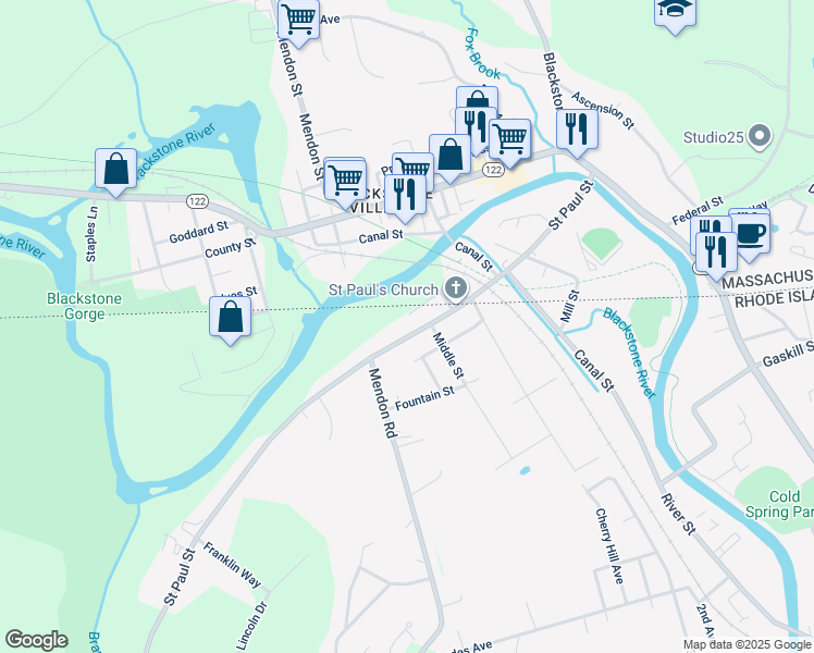 map of restaurants, bars, coffee shops, grocery stores, and more near 88B Saint Paul Street in North Smithfield