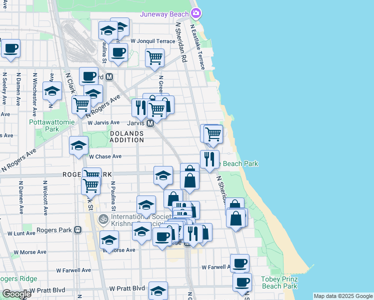 map of restaurants, bars, coffee shops, grocery stores, and more near 1349 West Chase Avenue in Chicago