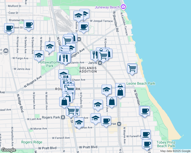 map of restaurants, bars, coffee shops, grocery stores, and more near 1601 West Chase Avenue in Chicago