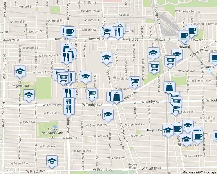 map of restaurants, bars, coffee shops, grocery stores, and more near 7240 North Ridge Boulevard in Chicago