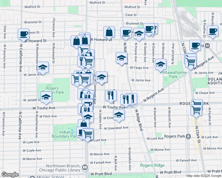 map of restaurants, bars, coffee shops, grocery stores, and more near 7235 North Oakley Avenue in Chicago