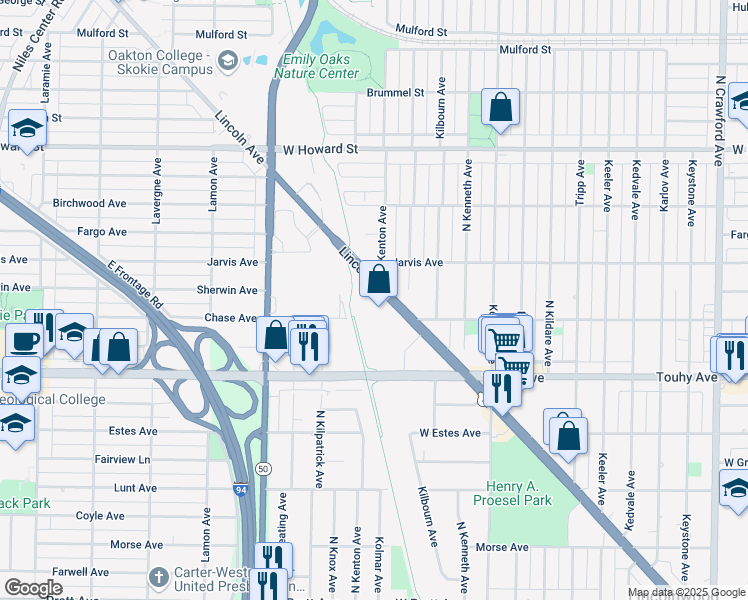 map of restaurants, bars, coffee shops, grocery stores, and more near 4655 West Chase Avenue in Lincolnwood