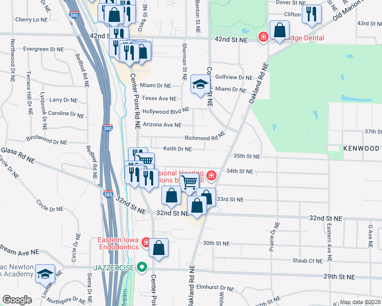map of restaurants, bars, coffee shops, grocery stores, and more near 1526 34th St NE in Cedar Rapids