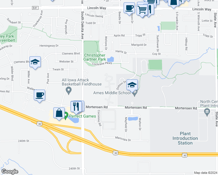 map of restaurants, bars, coffee shops, grocery stores, and more near 1005 Pinon Drive in Ames