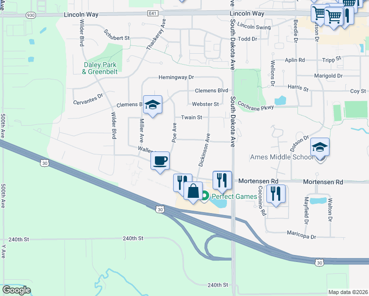 map of restaurants, bars, coffee shops, grocery stores, and more near 4710 Steinbeck Street in Ames