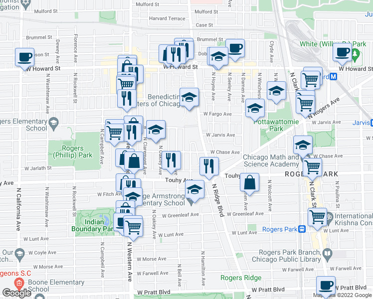 map of restaurants, bars, coffee shops, grocery stores, and more near 2143 West Chase Avenue in Chicago
