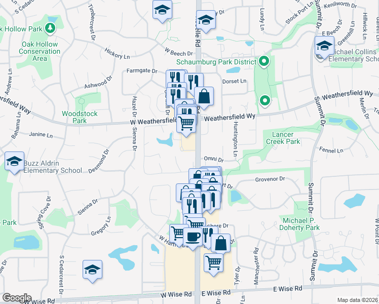 map of restaurants, bars, coffee shops, grocery stores, and more near 1 Omni Drive in Schaumburg