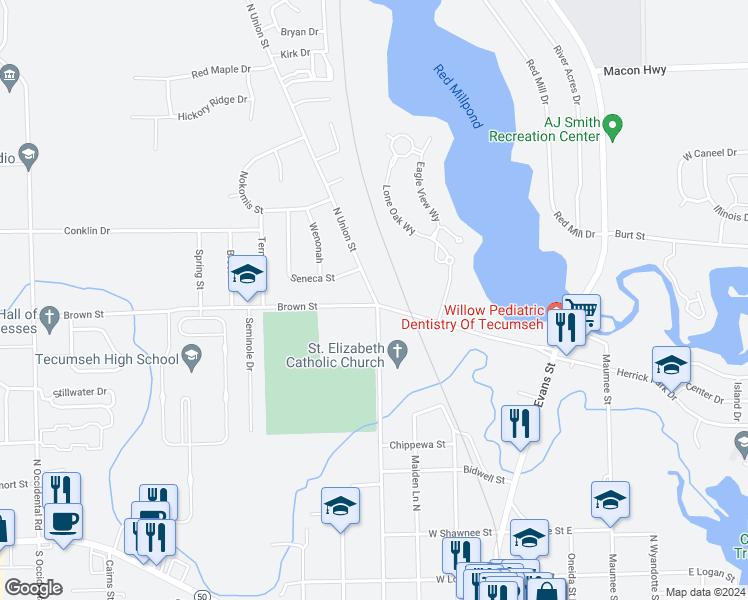 map of restaurants, bars, coffee shops, grocery stores, and more near North Union Street in Tecumseh
