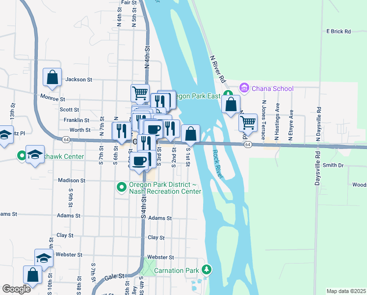 map of restaurants, bars, coffee shops, grocery stores, and more near 111 South 2nd Street in Oregon