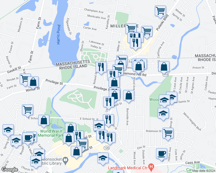 map of restaurants, bars, coffee shops, grocery stores, and more near 23 Dean Street in Woonsocket