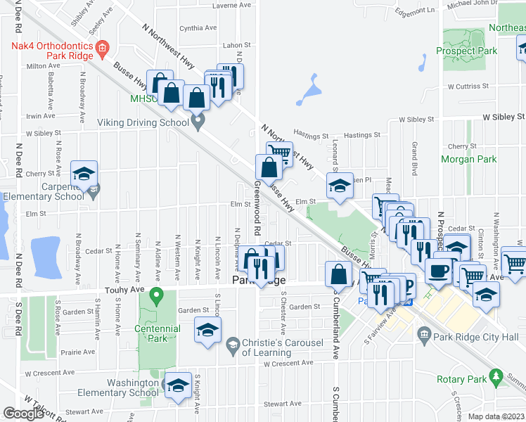 map of restaurants, bars, coffee shops, grocery stores, and more near 241 North Greenwood Avenue in Park Ridge