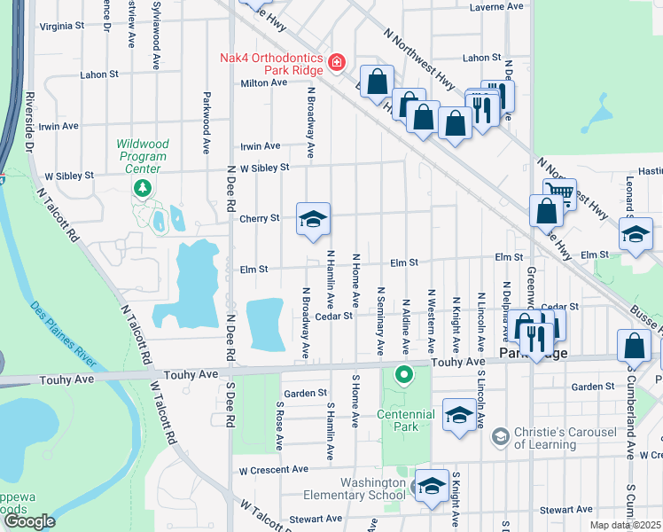 map of restaurants, bars, coffee shops, grocery stores, and more near 300 North Hamlin Avenue in Park Ridge