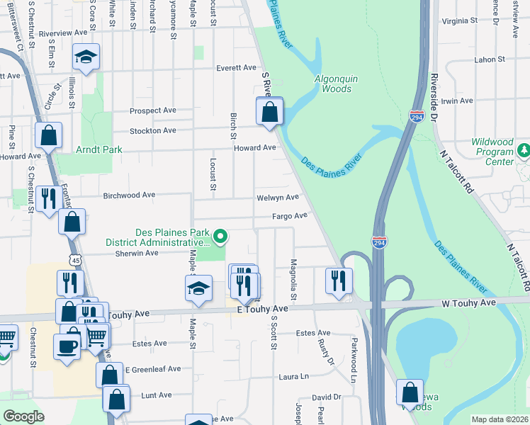 map of restaurants, bars, coffee shops, grocery stores, and more near 1972 Fargo Avenue in Des Plaines