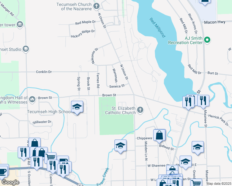 map of restaurants, bars, coffee shops, grocery stores, and more near 413 Brown Street in Tecumseh