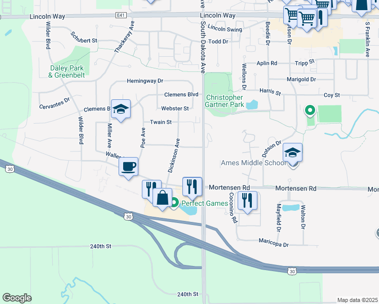 map of restaurants, bars, coffee shops, grocery stores, and more near 4524 Steinbeck Street in Ames