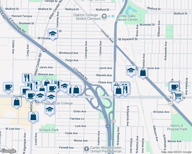 map of restaurants, bars, coffee shops, grocery stores, and more near 4915 Sherwin Avenue in Skokie