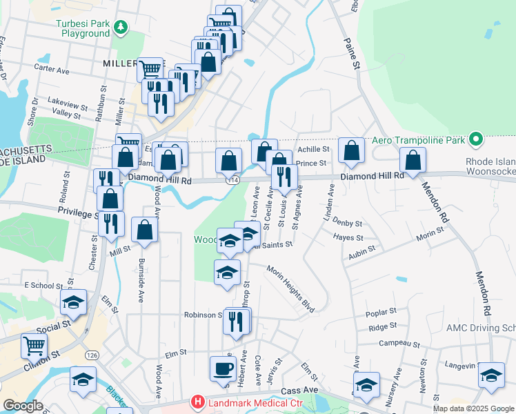 map of restaurants, bars, coffee shops, grocery stores, and more near 26 Saint Leon Avenue in Woonsocket
