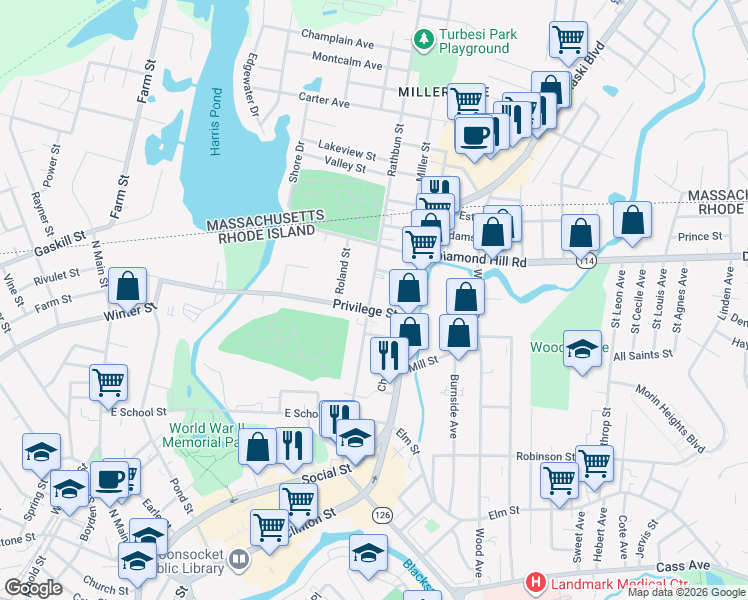 map of restaurants, bars, coffee shops, grocery stores, and more near 65 Dean Street in Woonsocket
