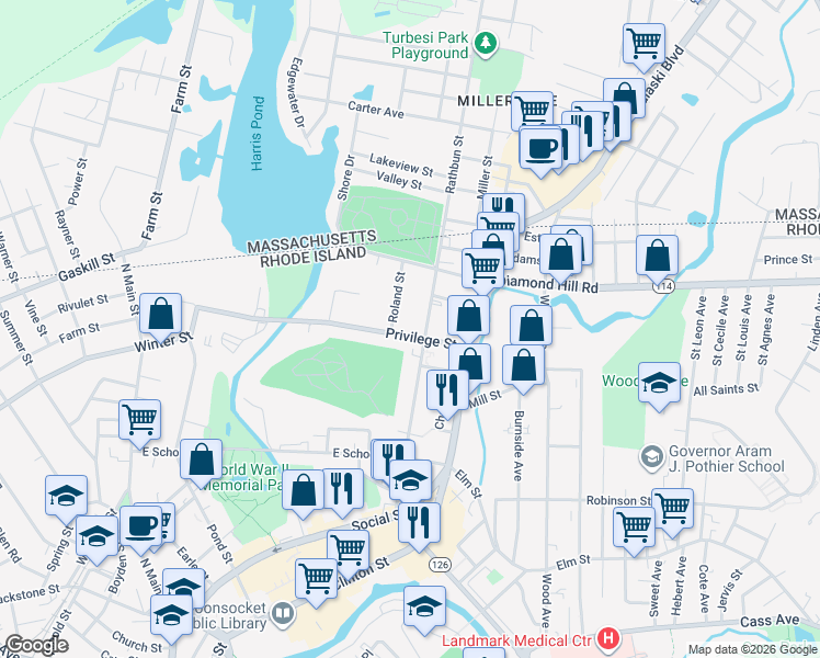 map of restaurants, bars, coffee shops, grocery stores, and more near 63 Roland Street in Woonsocket