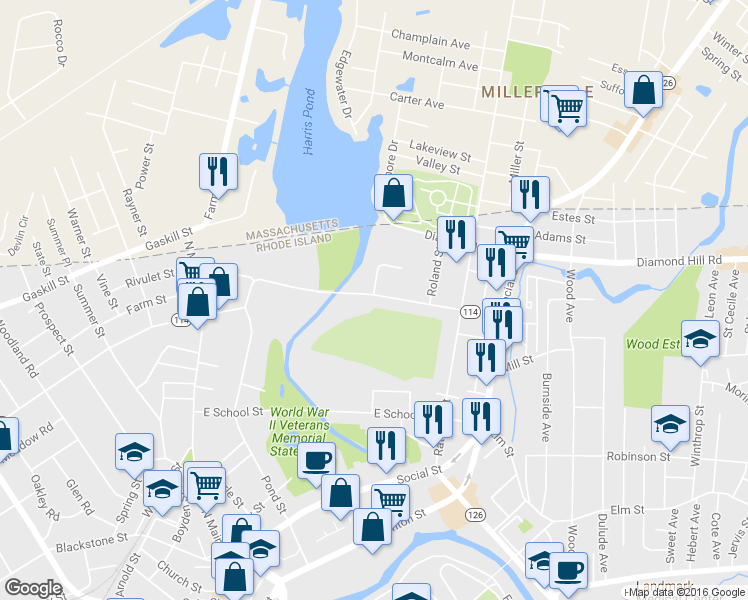 map of restaurants, bars, coffee shops, grocery stores, and more near 306 Privilege Street in Woonsocket