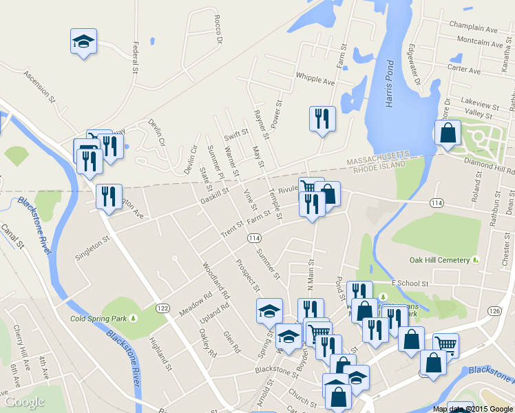 map of restaurants, bars, coffee shops, grocery stores, and more near 128 Temple Street in Woonsocket