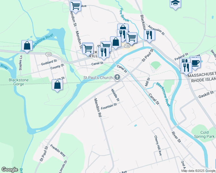 map of restaurants, bars, coffee shops, grocery stores, and more near 83 Saint Paul Street in North Smithfield