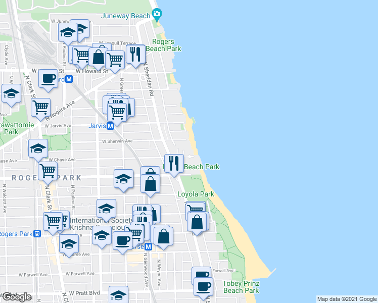 map of restaurants, bars, coffee shops, grocery stores, and more near 1215 West Sherwin Avenue in Chicago