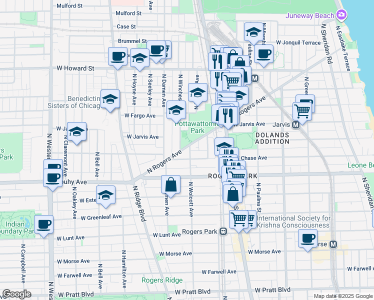 map of restaurants, bars, coffee shops, grocery stores, and more near 7340 North Rogers Avenue in Chicago