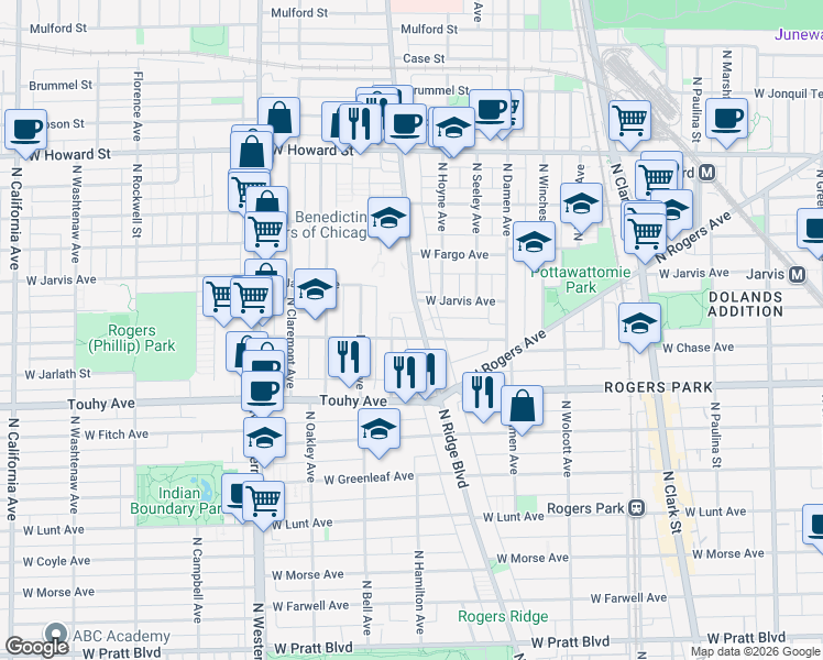 map of restaurants, bars, coffee shops, grocery stores, and more near 7345a West Jarvis Avenue in Chicago