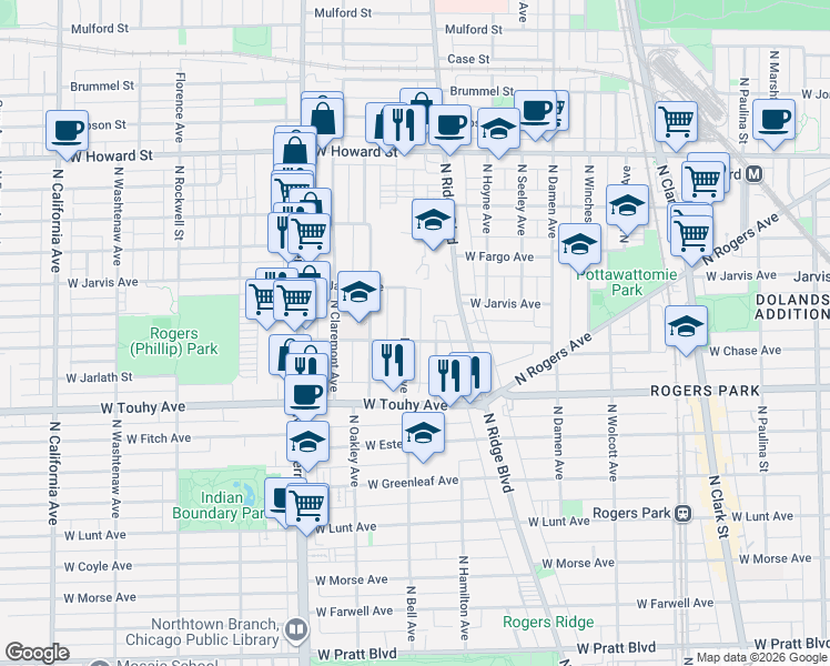 map of restaurants, bars, coffee shops, grocery stores, and more near 7333 North Bell Avenue in Chicago