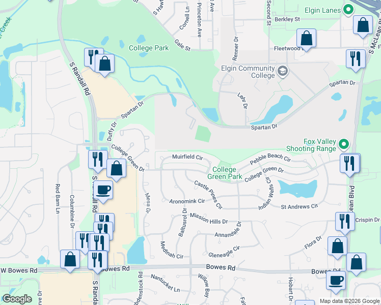map of restaurants, bars, coffee shops, grocery stores, and more near 2038 Muirfield Circle in Elgin