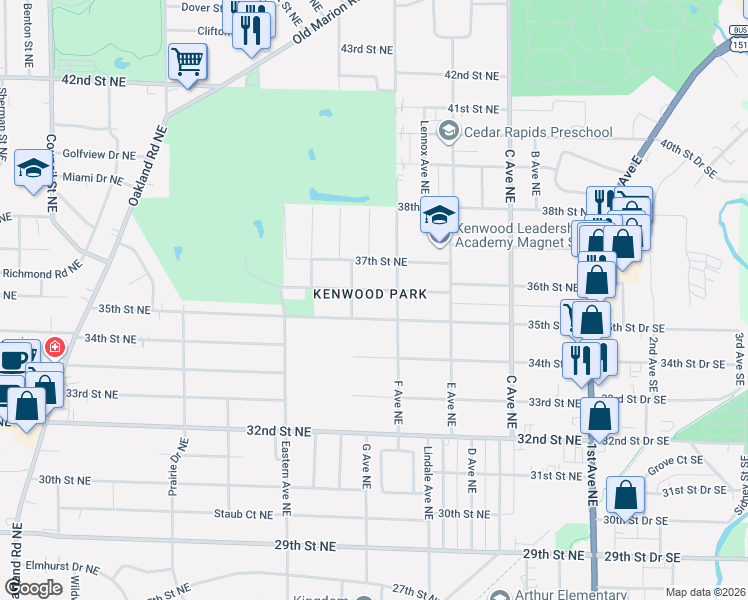 map of restaurants, bars, coffee shops, grocery stores, and more near 714 36th Street Northeast in Cedar Rapids