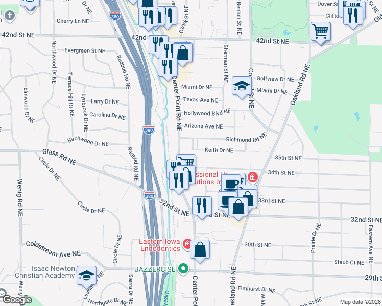 map of restaurants, bars, coffee shops, grocery stores, and more near 1741 Richmond Road Northeast in Cedar Rapids