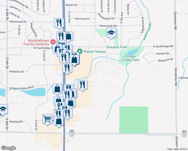 map of restaurants, bars, coffee shops, grocery stores, and more near 2603 South 2nd Avenue in Marshalltown