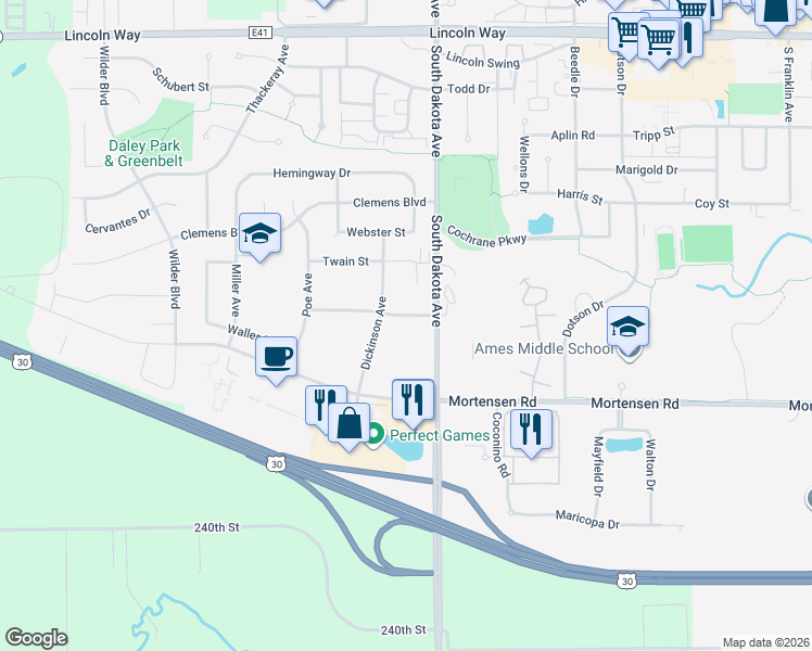 map of restaurants, bars, coffee shops, grocery stores, and more near 4525 Steinbeck Street in Ames
