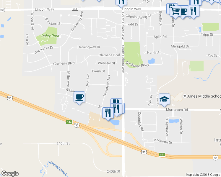 map of restaurants, bars, coffee shops, grocery stores, and more near 841 Dickinson Avenue in Ames